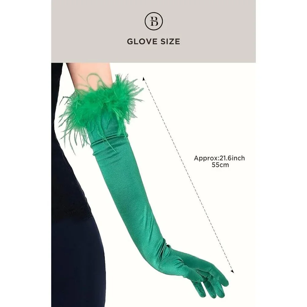 Women's Evening Green Feather Long Satin Gloves Stretchy Elbow Halloween Costume
